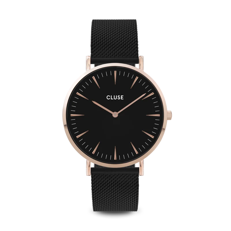 CLUSE La Boheme Rose Gold PVD Stainless Steel Black Silicone Strap Ladies Watch CW0101201010