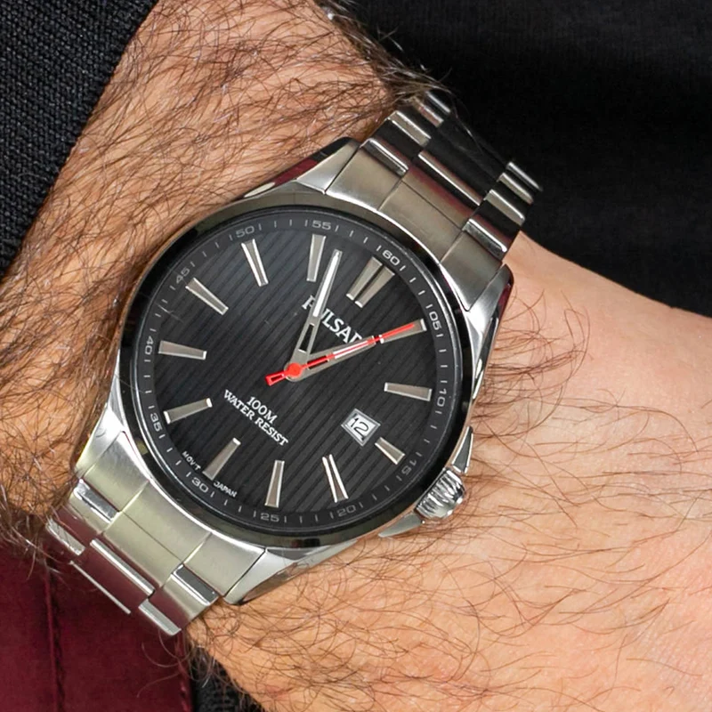 Pulsar Regular Quartz Black Dial Silver Stainless Steel Men's Watch PS9605X1