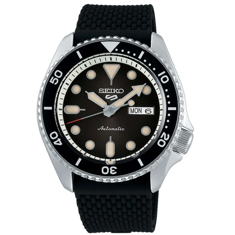 Seiko 5 Sports Automatic Silver Stainless Steel Case Black Silicone Strap Men's Watch SRPD73K2