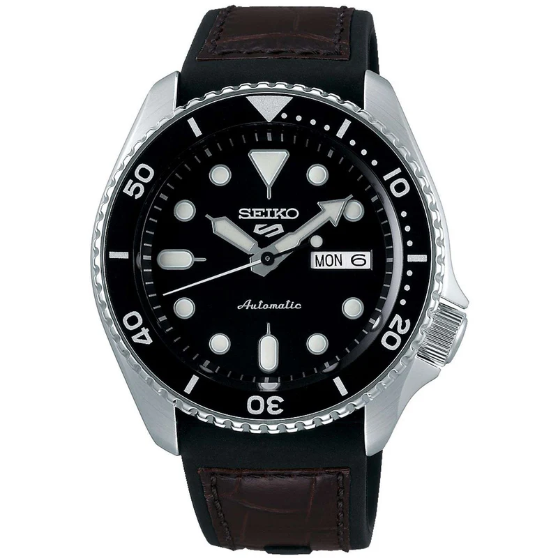 Seiko 5 Sports Genuine Brown Leather & Black Silicone Strap Automatic Black Dial Men's Watch SRPD55K2
