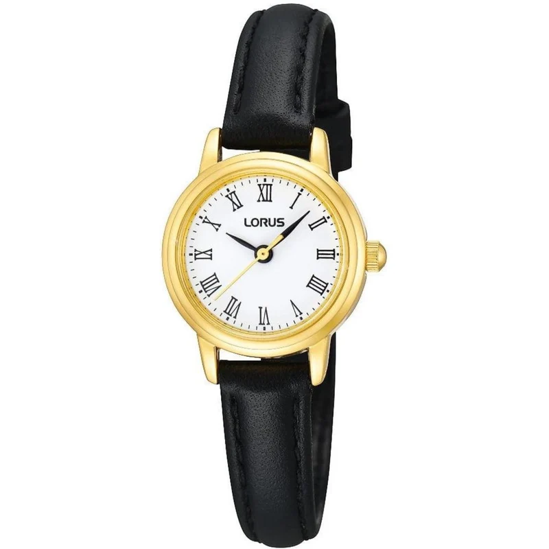 Lorus PVD Gold Plated Case Black Leather Strap White Dial Ladies Watch RG294HX9