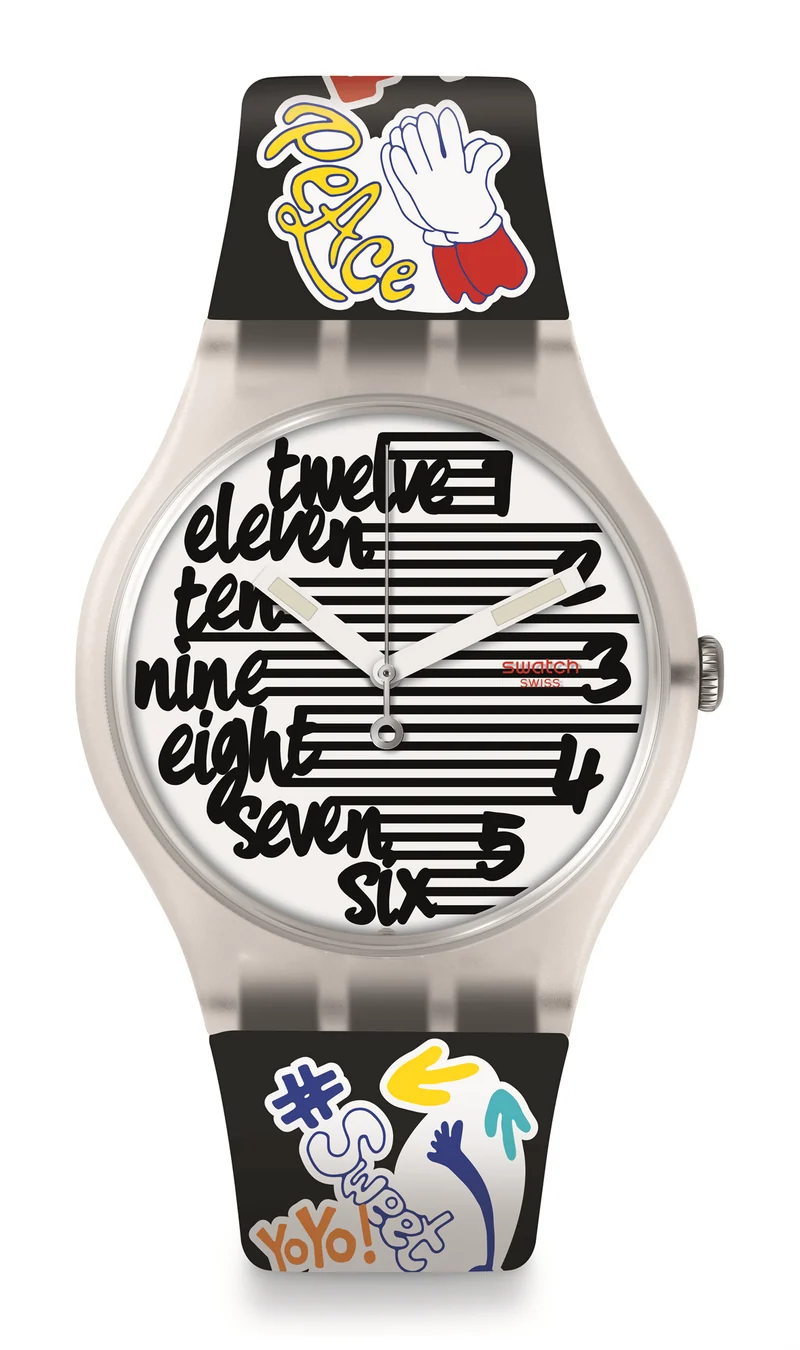Swatch Streety White Plastic Case Black Silicone Strap White Dial Watch SUOW157