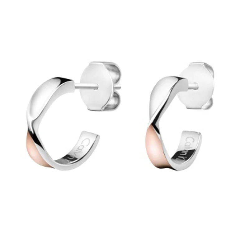 Calvin Klein Twist Two Tone Rose Gold Silver Steel Stud Ladies Earrings KJ7SPE200100