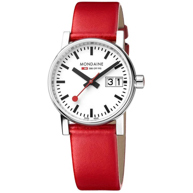 Mondaine Evo2 Stainless Steel Case Red Leather Strap White Dial Ladies Watch MSE.30210.LC