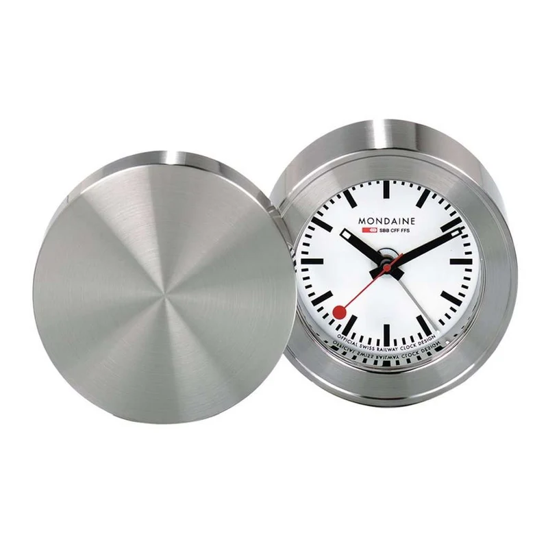 Mondaine 5cm White Face Silver Case Quartz Table and Alarm Clock MSM.64410