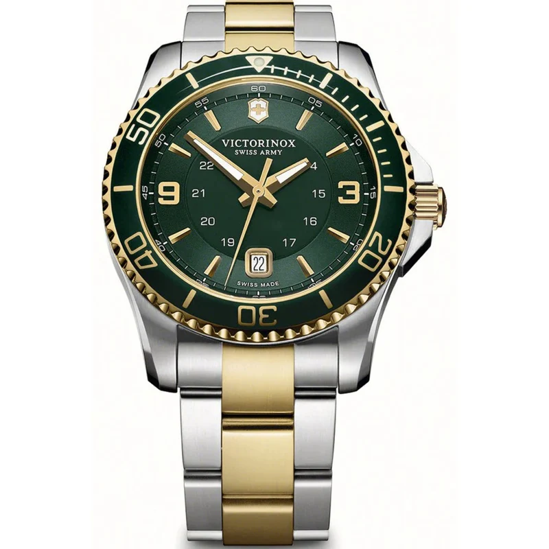 Victorinox Swiss Army Maverick Large Quartz Green Dial Silver Gold Stainless Steel Bracelet Men's Watch 241605