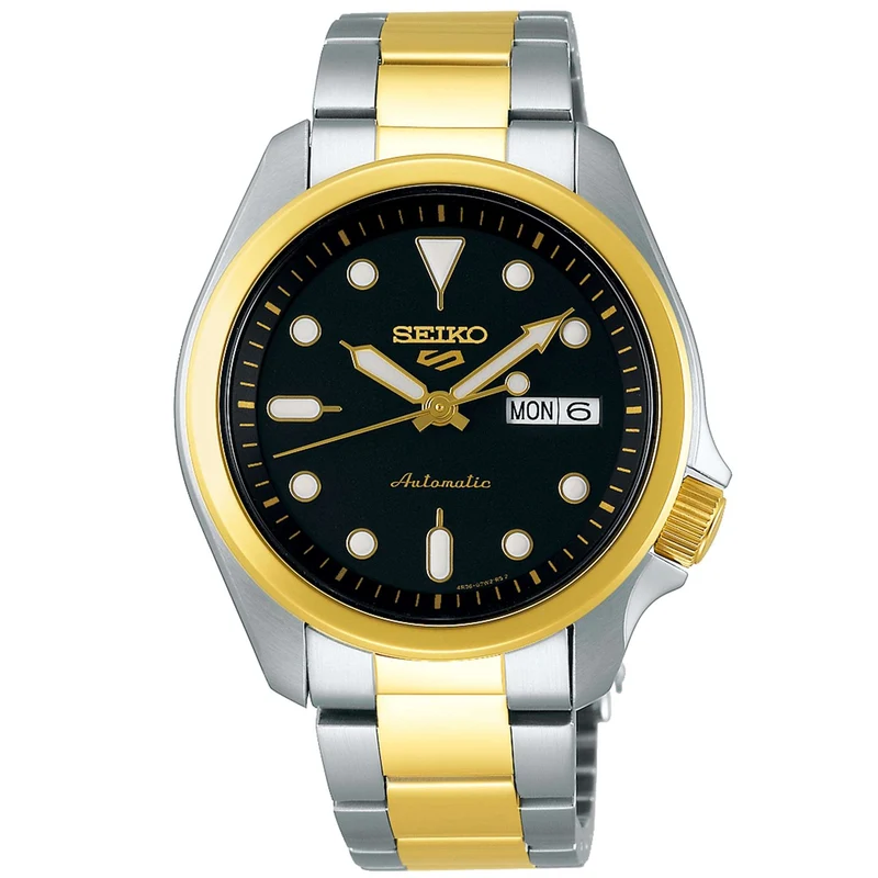 Seiko 5 Sports Solid Boy Black Dial Silver and Gold Stainless Steel Bracelet Men's Watch SRPE60K1