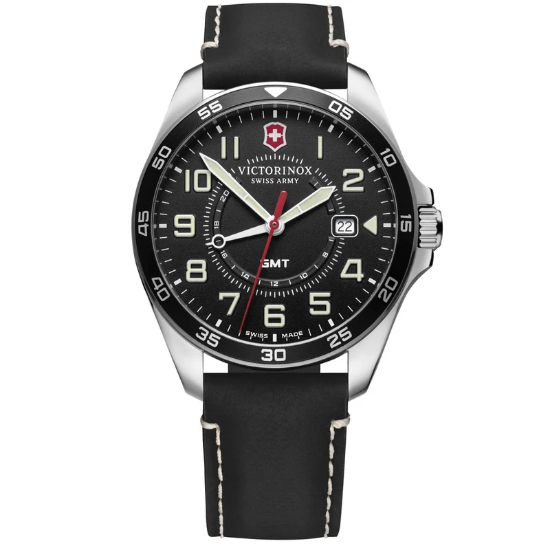 Victorinox Swiss Army Field Force GMT Black Dial Black Leather Bracelet Men's Watch 241895