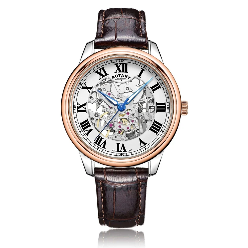 Rotary Skeleton Rose Gold Brown Strap Men’s Watch