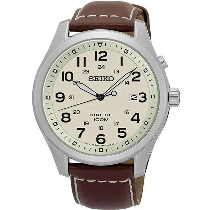 Seiko Kinetic Biege Dial Brown Leather Strap Men’s Watch SKA723P1