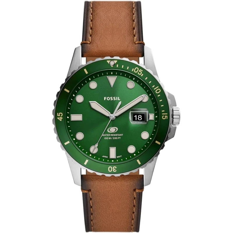 Fossil Blue Dive 42mm Green Dial Leather Mens Quartz Watch FS5946