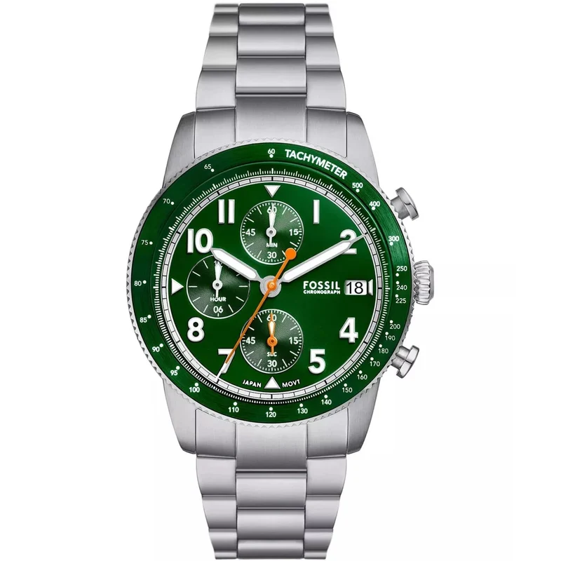 Fossil Sport Tourer 42mm Chronograph Green Dial Steel Mens Quartz Watch FS6048