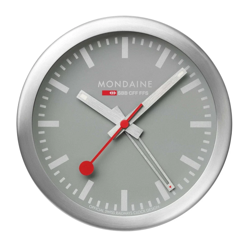 Mondaine 12.5cm Good Grey Face Aluminium Case Quartz Table and Alarm Clock A997.MCAL.86SBV
