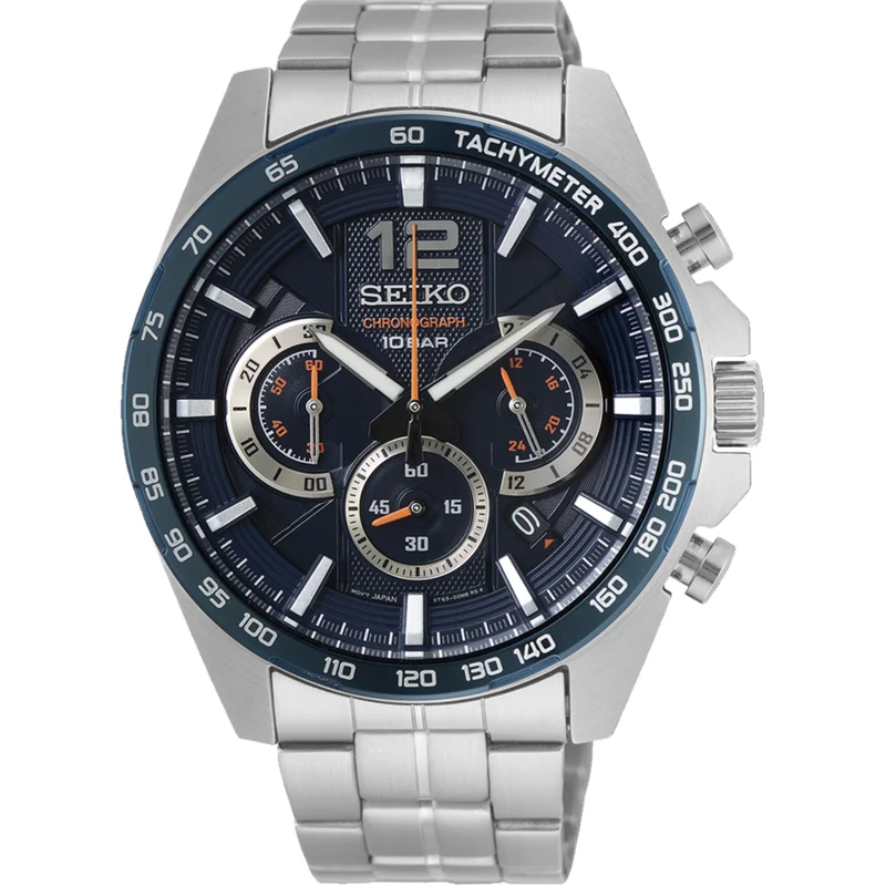 Seiko Essentials 44mm Chronograph Blue Dial Steel Mens Quartz Watch SSB345P1