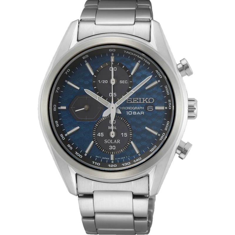 Seiko Essentials 41mm Solar Chronograph Blue Dial Steel Mens Quartz Watch SSC801P1