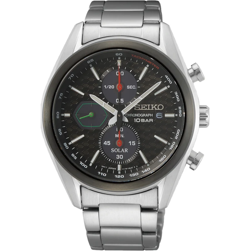 Seiko Essentials 41mm Chronograph Black Dial Steel Mens Solar Watch SSC803P1