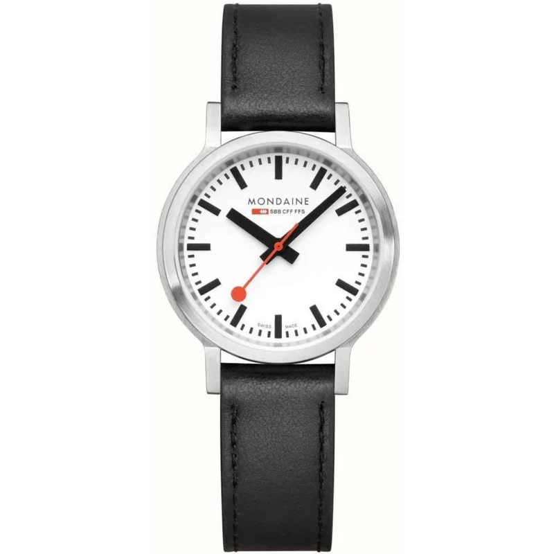 Mondaine stop2go 34mm White Dial Leather Quartz Watch MST.3401B.LBV.SET