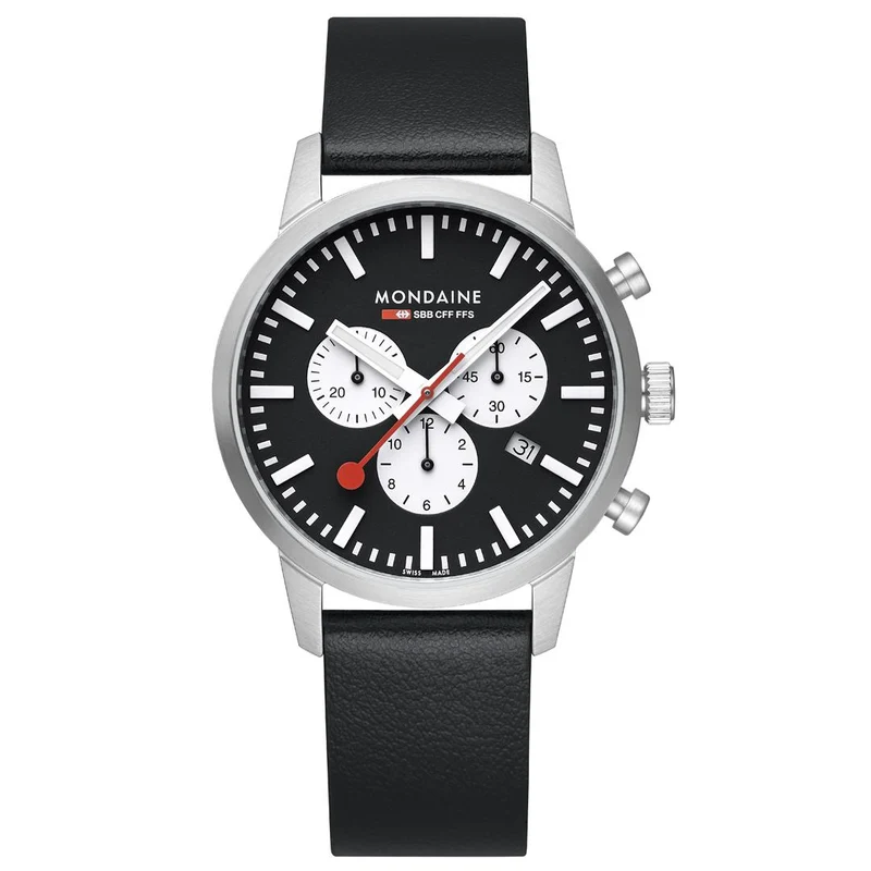 Mondaine Neo 41mm Chronograph Black Dial Leather Mens Quartz Watch MSD.41420.LBV