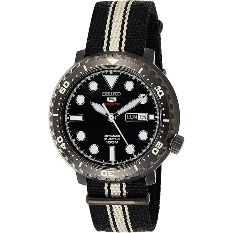 Seiko 5 Sports Bottle Cap Case Textile Strap Automatic Black Dial Men's Watch SRPC67K1