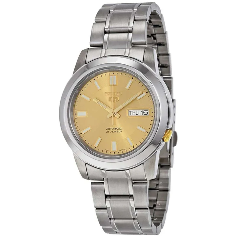 Seiko 5 Classic 37mm Gold Dial Steel Mens Automatic Watch SNKK13K1