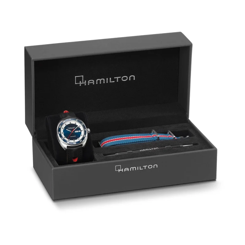 Hamilton American Classic 42mm Pan Europ Day Date Blue Dial Leather & NATO Mens Automatic Watch H35405741
