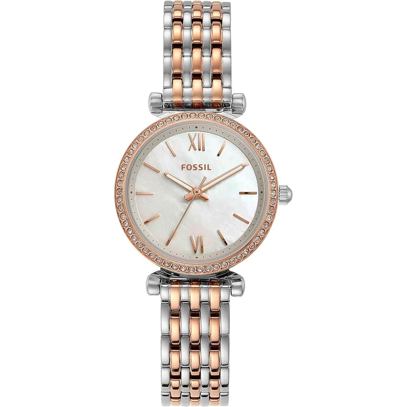 Fossil Carlie 28mm White Mother of Pearl Dial Steel Ladies Quartz Watch ES4649
