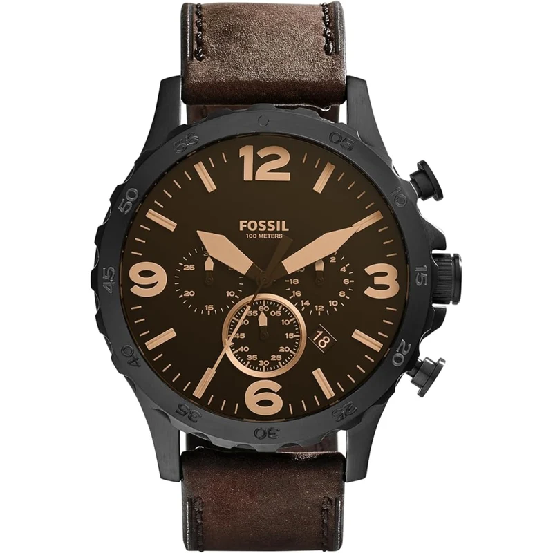Fossil Nate 50mm Chronograph Black Dial Leather Mens Quartz Watch JR1487