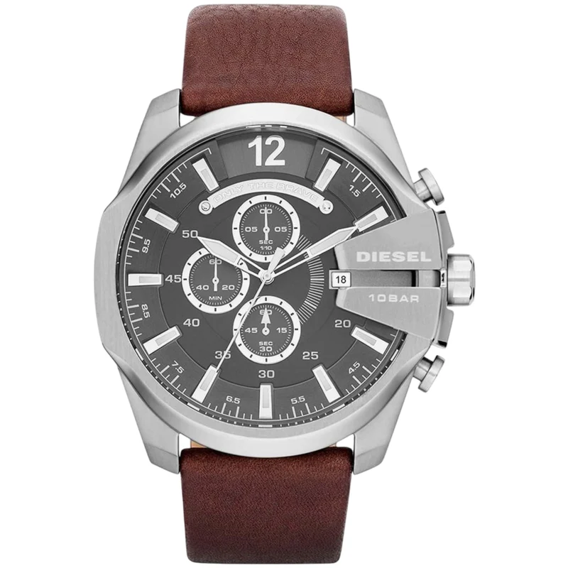 Diesel Mega Chief 51mm Chronograph Grey Dial Leather Mens Quartz Watch DZ4290