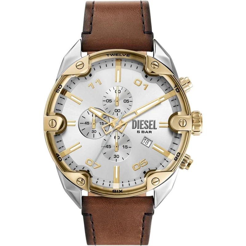 Diesel Spiked 49mm Chronograph Silver Dial Leather Mens Quartz Watch DZ4665