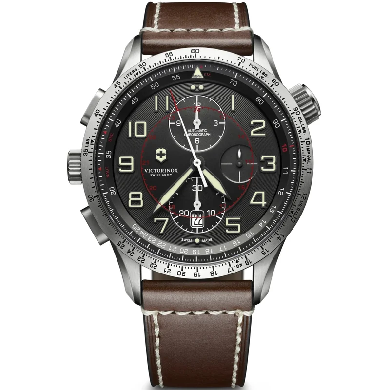 Victorinox Swiss Army Airboss Mach 9 Automatic Grey Dial Brown Leather Strap Men's Watch 241710