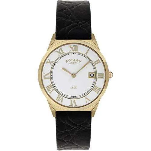 Rotary Ultra Slim Quartz Rose Gold PVD Stainless Steel Black Leather Strap Men's Watch GS08003/01