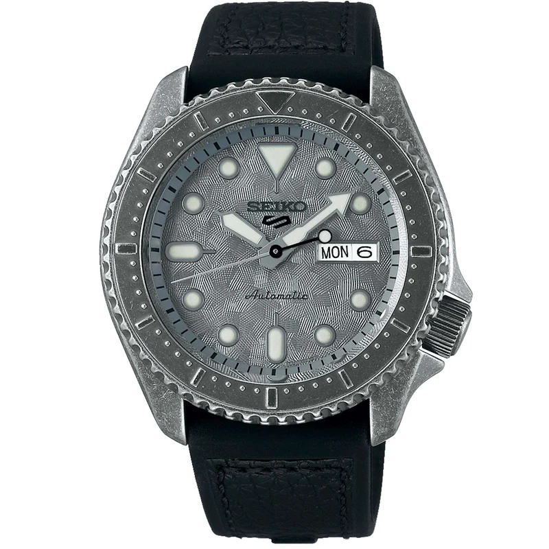 Seiko 5 Sports Silver Dial Black Leather Strap Men's Watch SRPE79K1