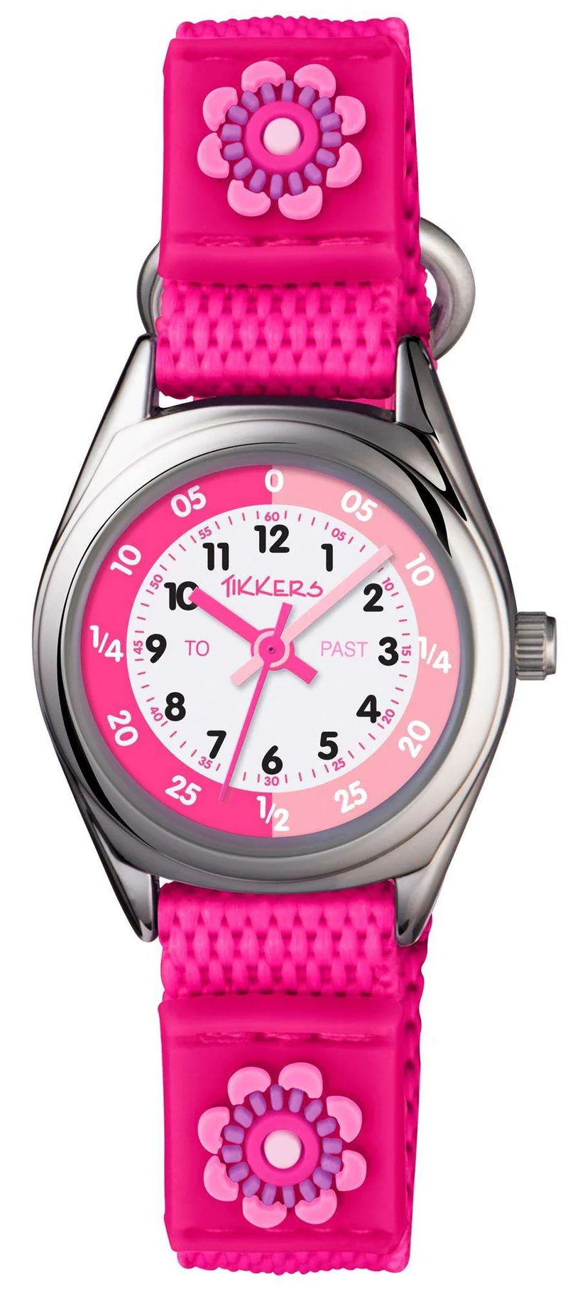 Tikkers Time Teacher Quartz Pink Flower White Dial Velcro Strap Girls Watch