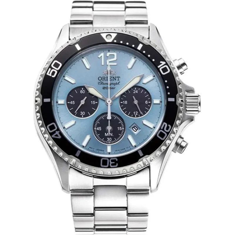 Orient Mako 43mm Chronograph Blue Dial Steel Mens Solar Watch RA-TX0206L10B