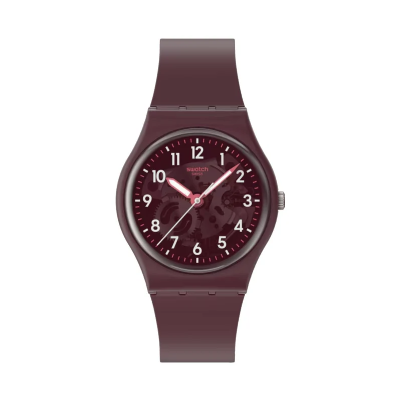 Swatch THRU THE CROWN GLASS Quartz Red Dial Bio-sourced Strap Men's Watch SO28R115