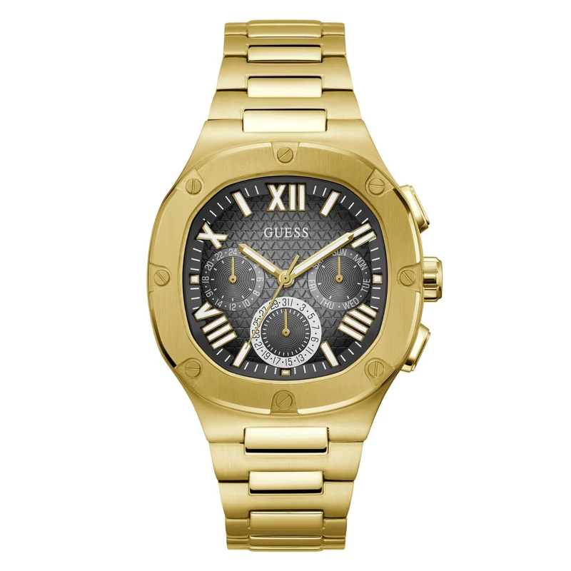 GUESS Gold Tone Multi-Function Black Dial Steel Strap Men's Watch GW0572G2