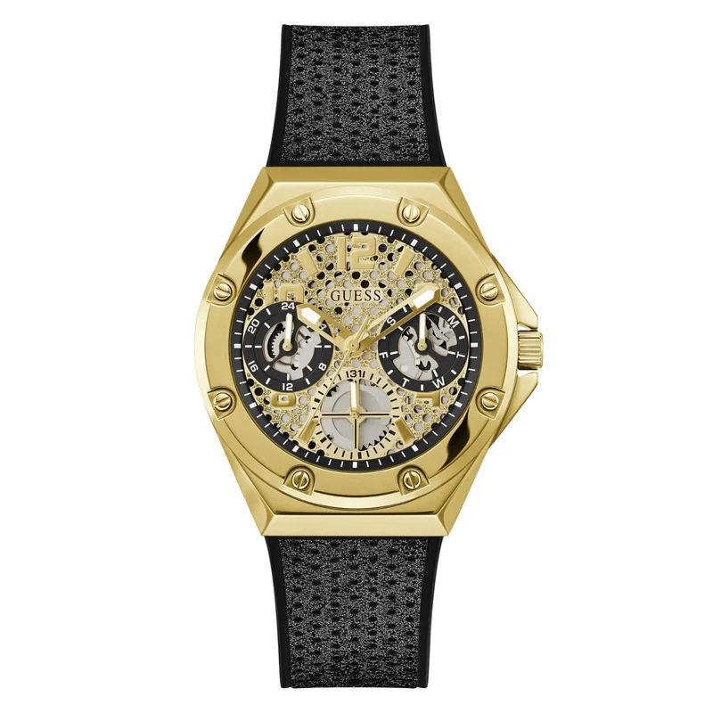 GUESS Asteria Gold Tone with Crystal-Embellished Dial Silicone Strap Ladies Watch GW0620L2