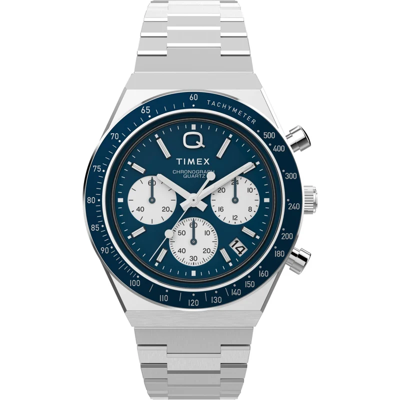 Timex Q 40mm Chronograph Blue Dial Steel Mens Quartz Watch TW2W51600