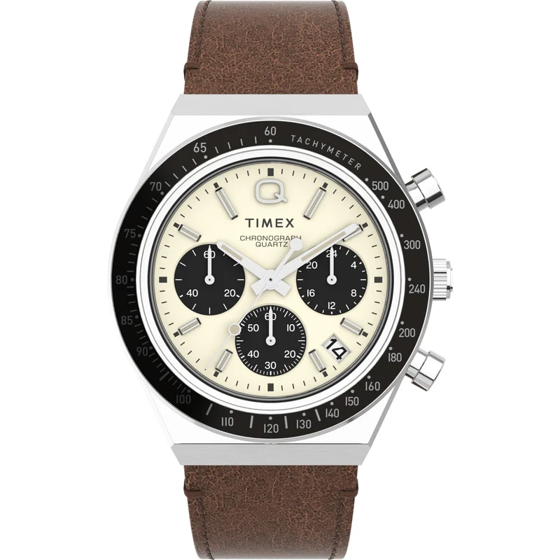 Timex Q 40mm Chronograph Cream Dial Leather Mens Quartz Watch TW2V42800