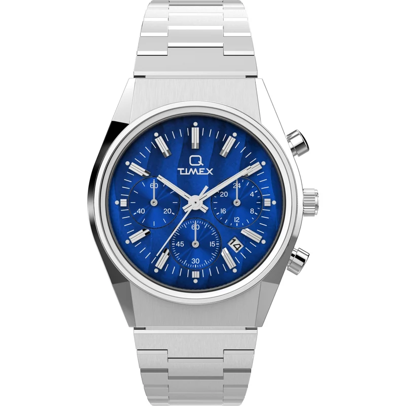 Timex Q 40mm Chronograph Blue Dial Steel Mens Quartz Watch TW2W33700