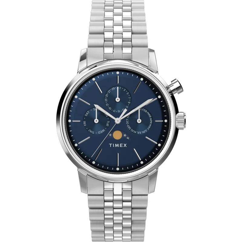 Timex Marlin 40mm Moon Phase Blue Dial Steel Mens Quartz Watch TW2W51300