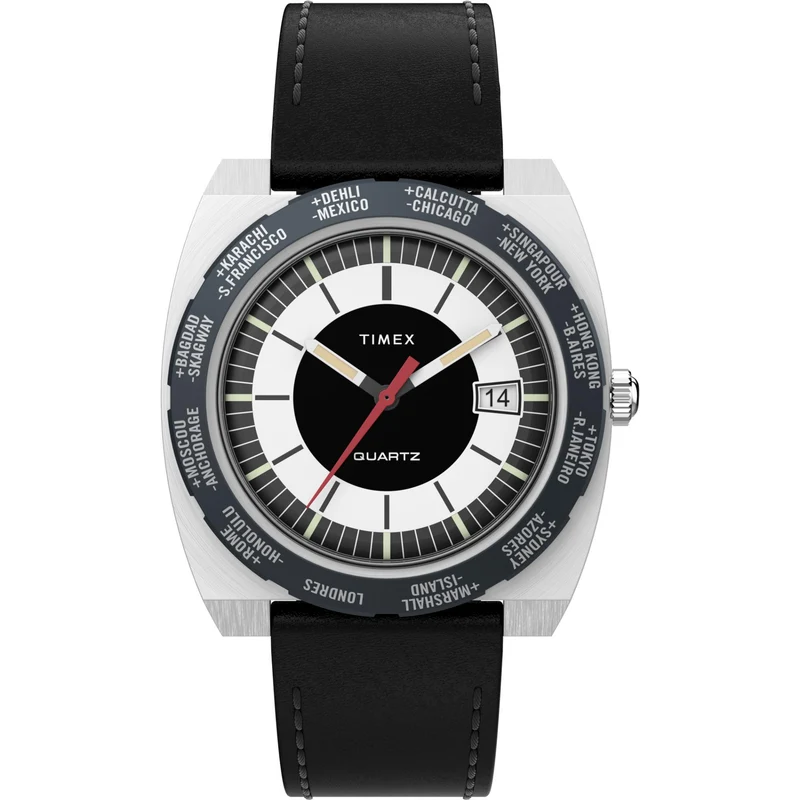 Timex World Time 39mm Black Dial Leather Mens Quartz Watch TW2V69500