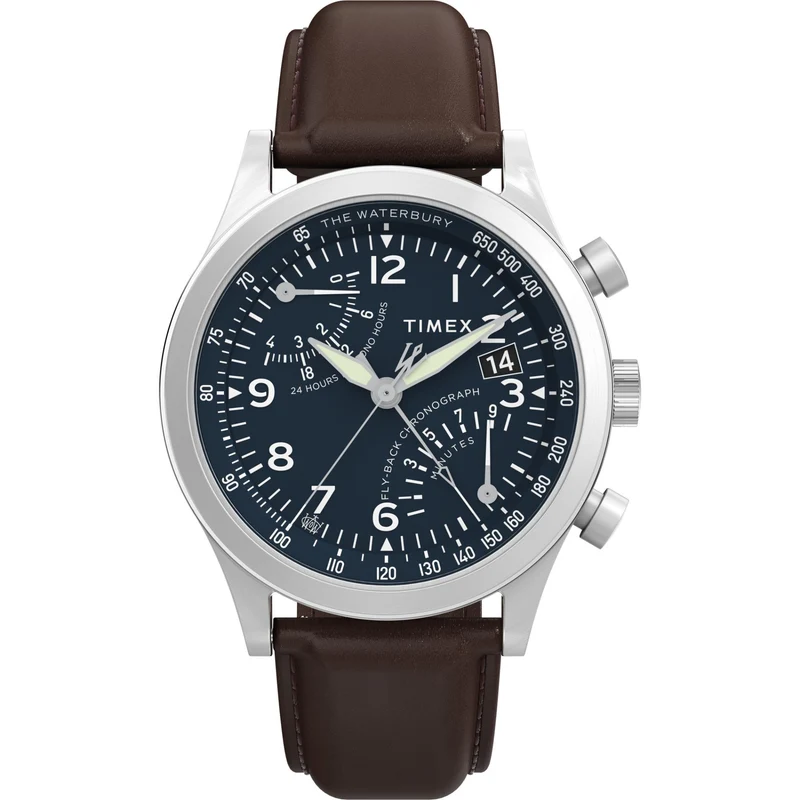 Timex Waterbury 43mm Chronograph Blue Dial Leather Mens Quartz Watch TW2W47900