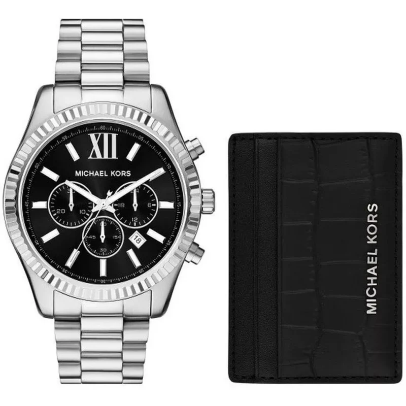 Michael Kors Lexington Chronograph Stainless Steel Black Dial Men’s Watch and Card Case Gift Set MK1091SET