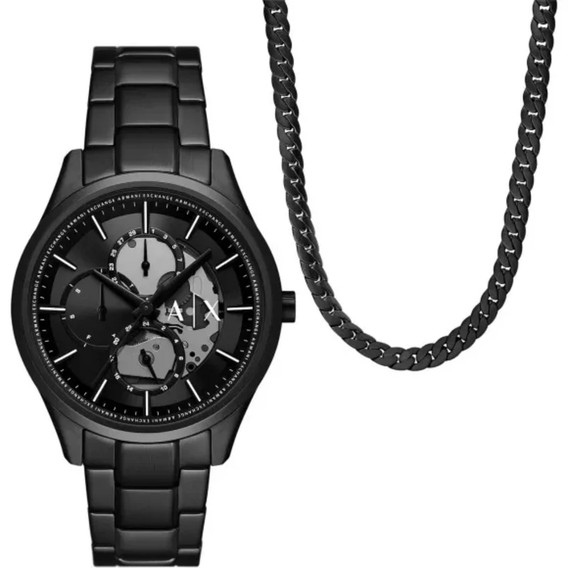 Armani Exchange Dante 42mm Chronograph Black Dial Steel Strap Mens Quartz Watch AX7160SET