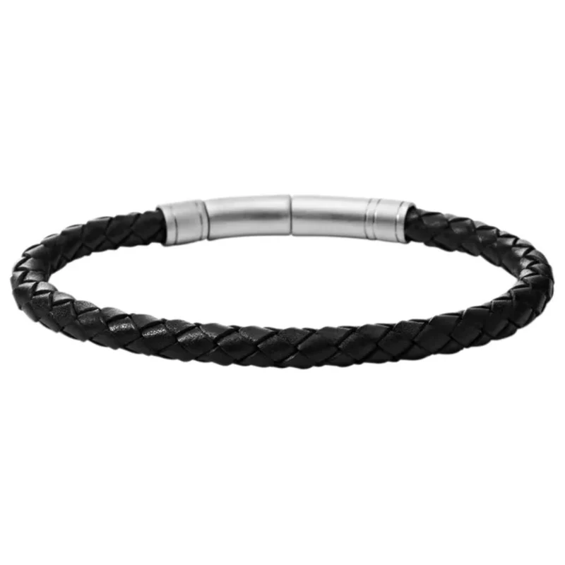 Fossil Black Skinny Braided Leather Men's Bracelet JF00510797