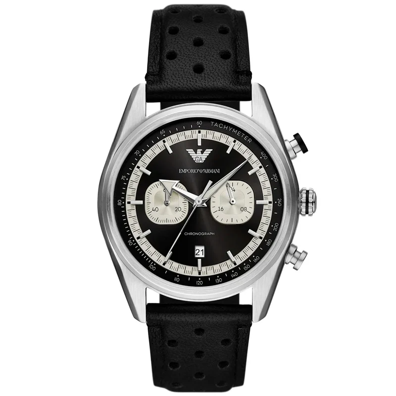 Emporio Armani Racer 42mm Chronograph Black Dial Leather Mens Quartz Watch AR11635