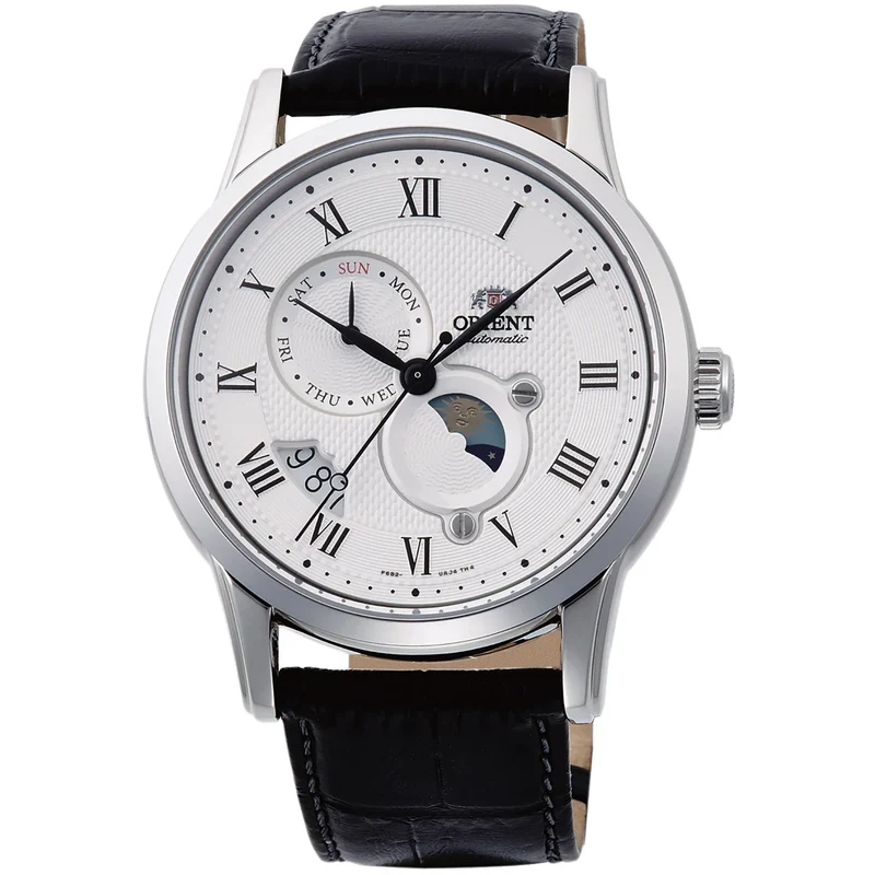 Orient Sun & Moon 42mm White Dial Leather Mens Automatic Watch RA-AK0008S30B