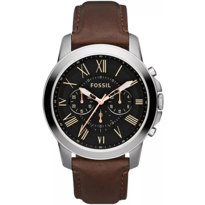 Fossil Grant 44mm Chronograph Black Dial Leather Mens Quartz Watch FS4813