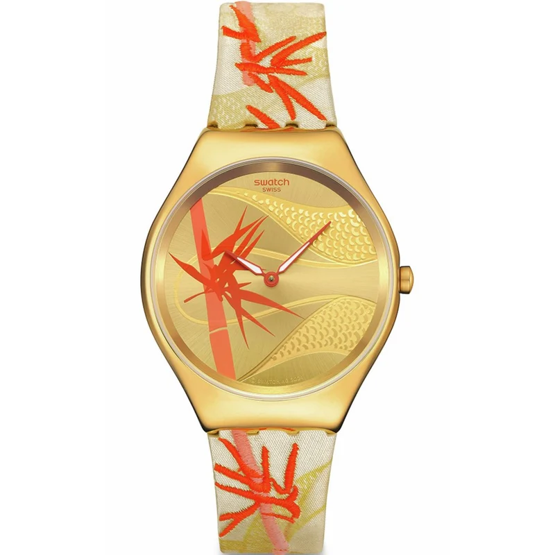 Swatch SKIN Golden Red Bamboo Yellow Dial Textile/Leather Strap Watch SYXZ105